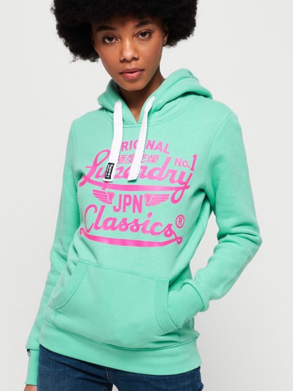 Superdry JPN Classics Hoodie Women L US 12 Mint Green Pink Graphic Fleece